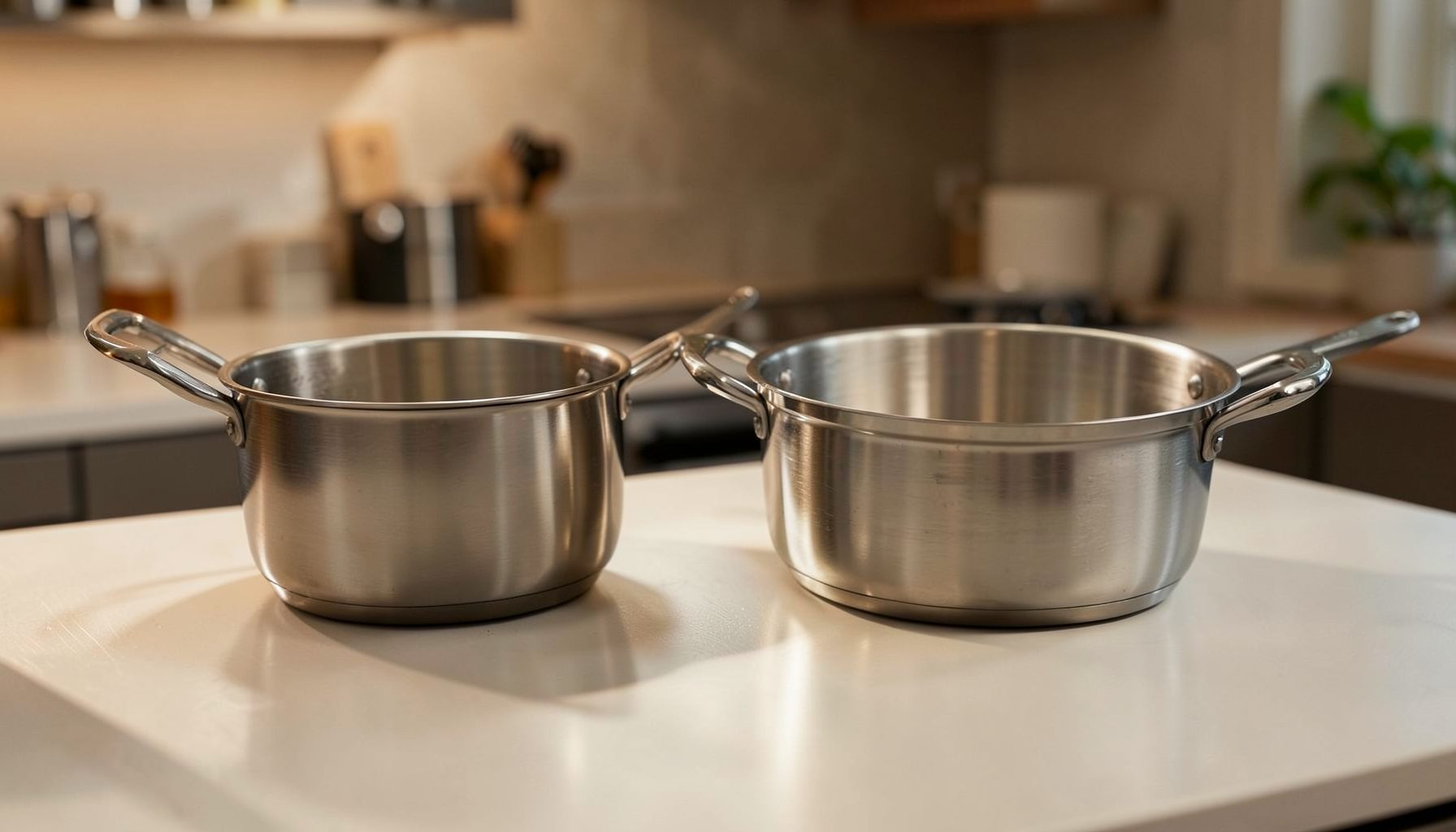 To tomme rustfrie kasseroller side ved side på en hvit kjøkkenbenk, mykt og varmt lys