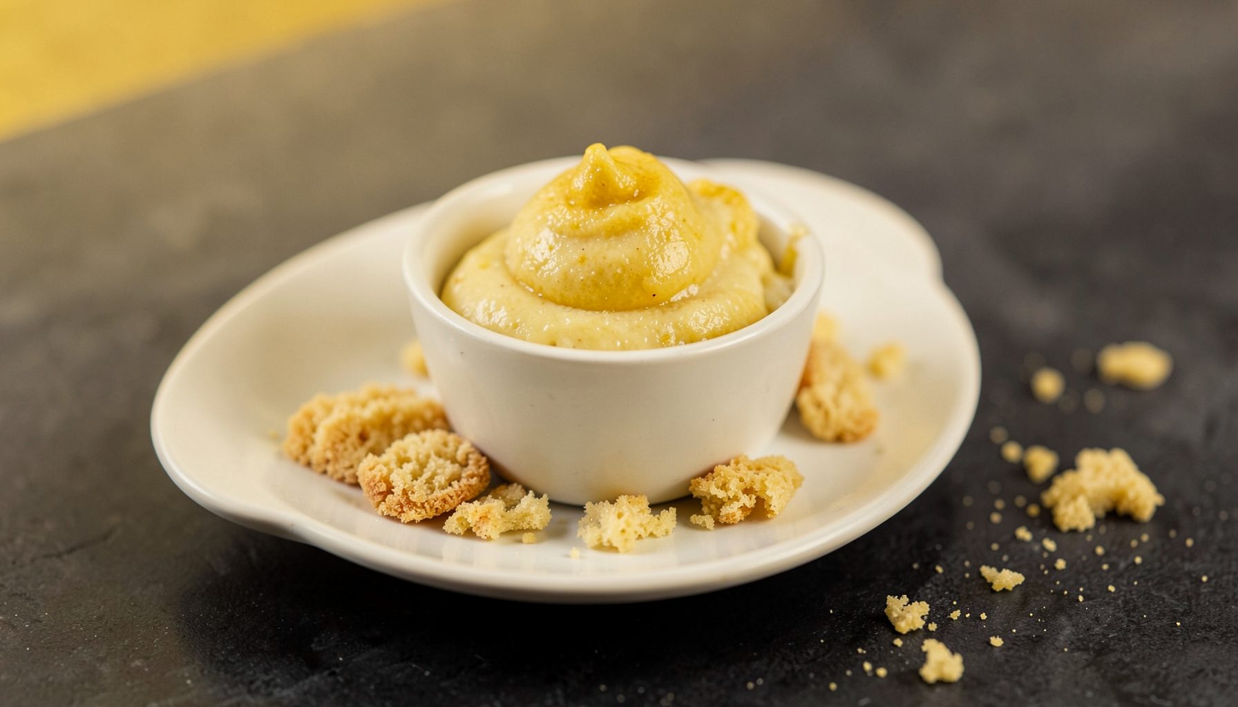Liten hvit ramekin med gul kremdessert og smuldrede kjeks på en hvit tallerken, mørk bakgrunn