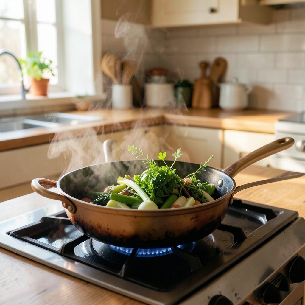 Kobberpanne med friske grønne urter og grønnsaker som damper på komfyren, lyst og luftig kjøkken