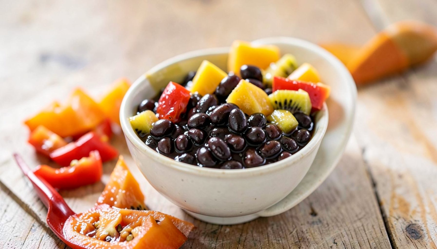 Hvit bolle med sorte bønner blandet med mango, kiwi og rød paprika på en treoverflate